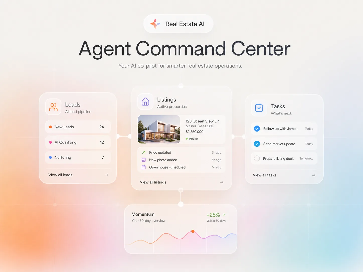 AI command center for real estate agents with leads, listings, and tasks in one view