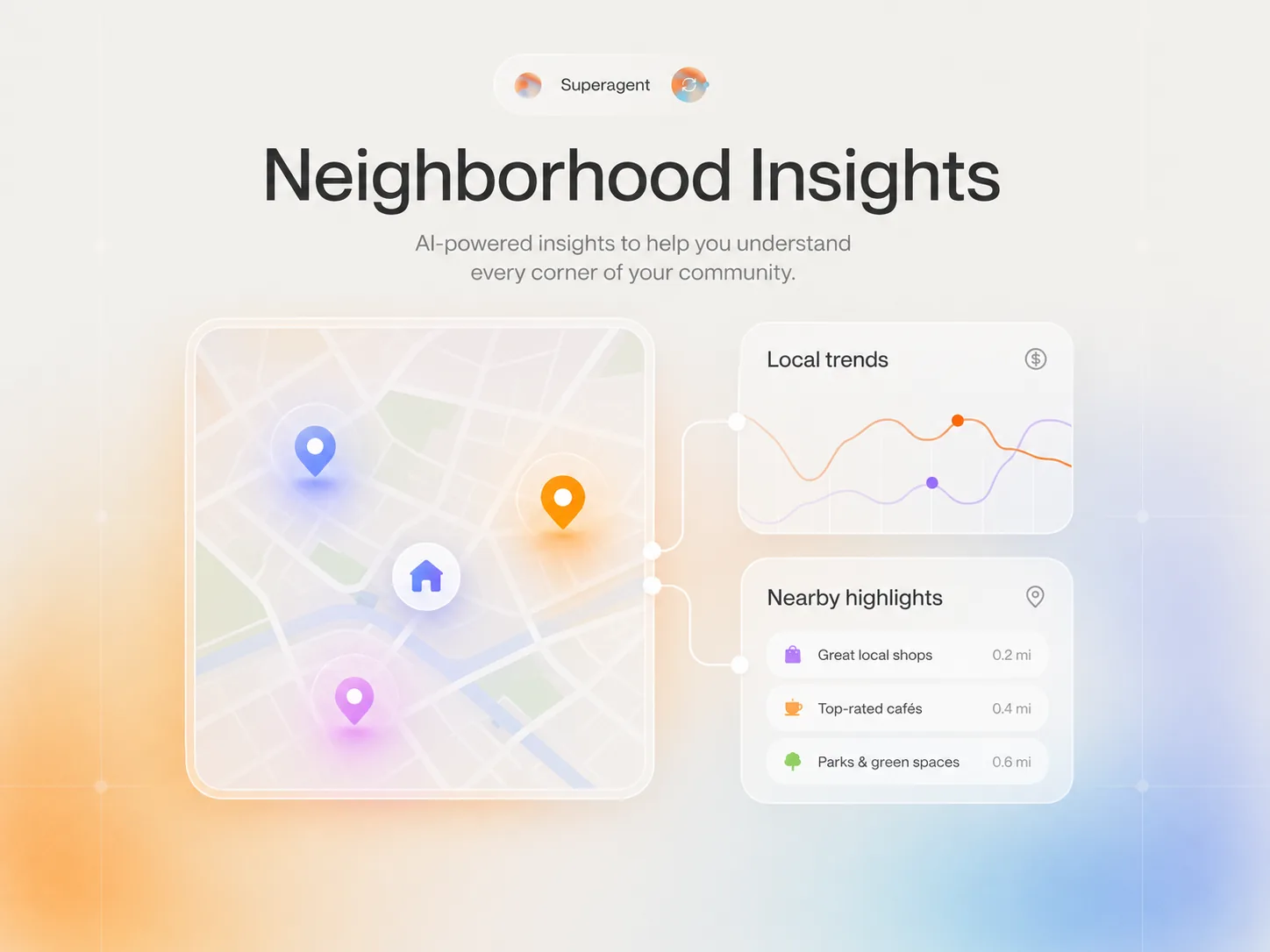 AI neighborhood insights map showing local trends and nearby highlights around a home