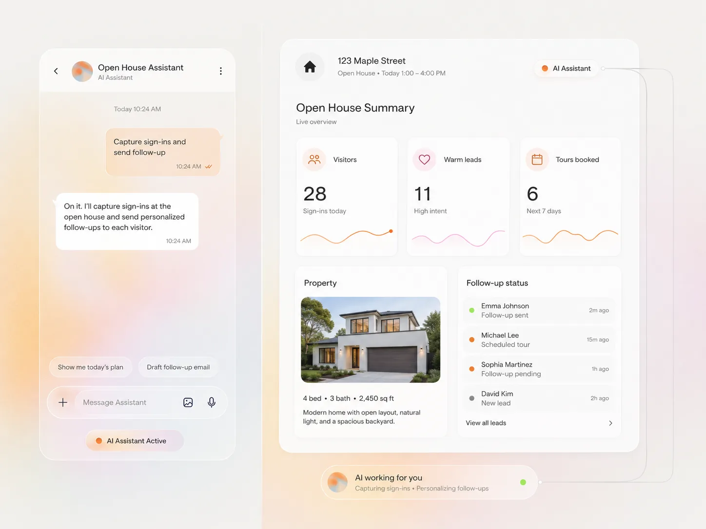 AI open house assistant capturing sign-ins and sending follow-ups to every visitor