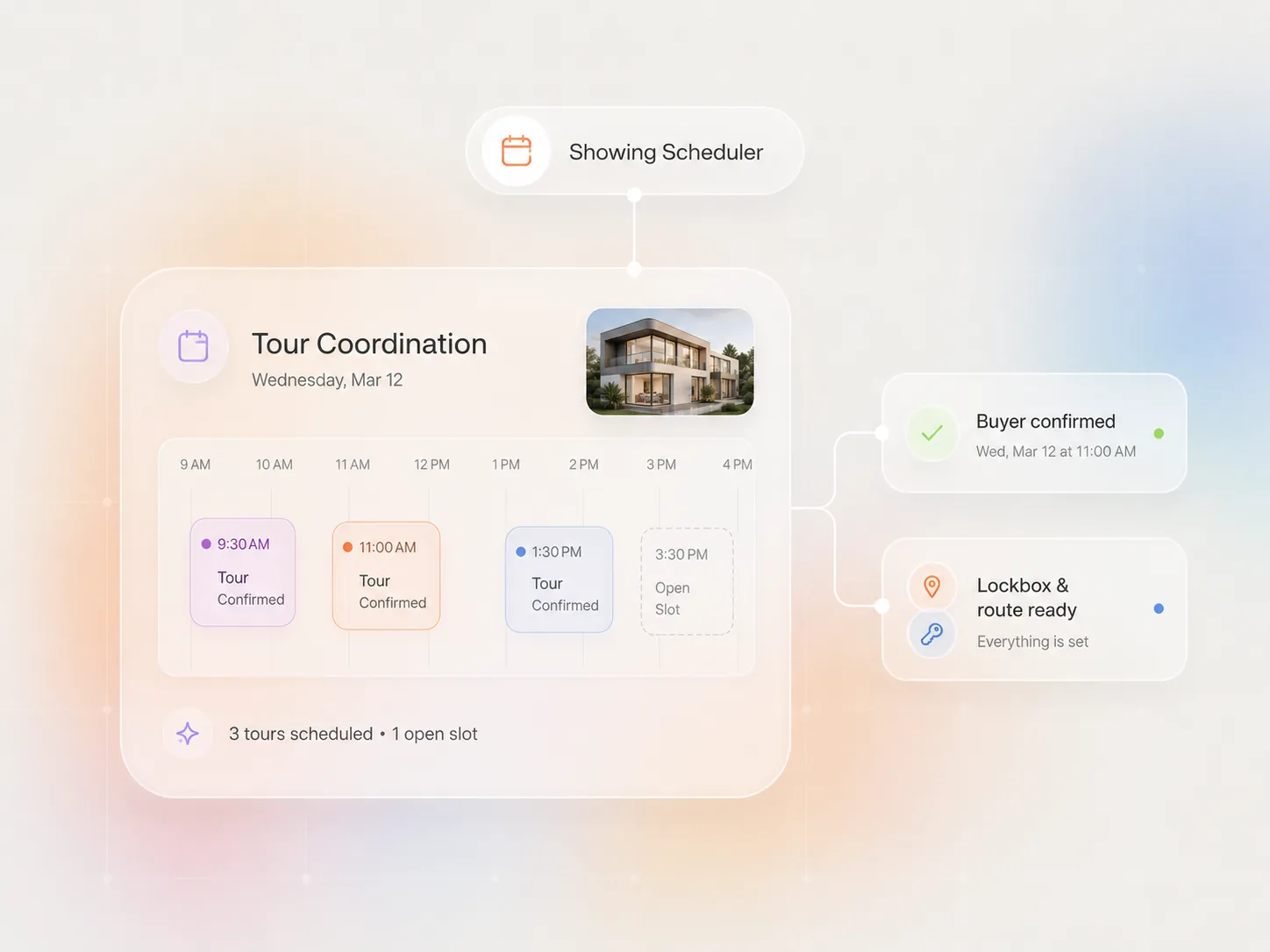 AI showing scheduler coordinating three confirmed home tours and one open slot