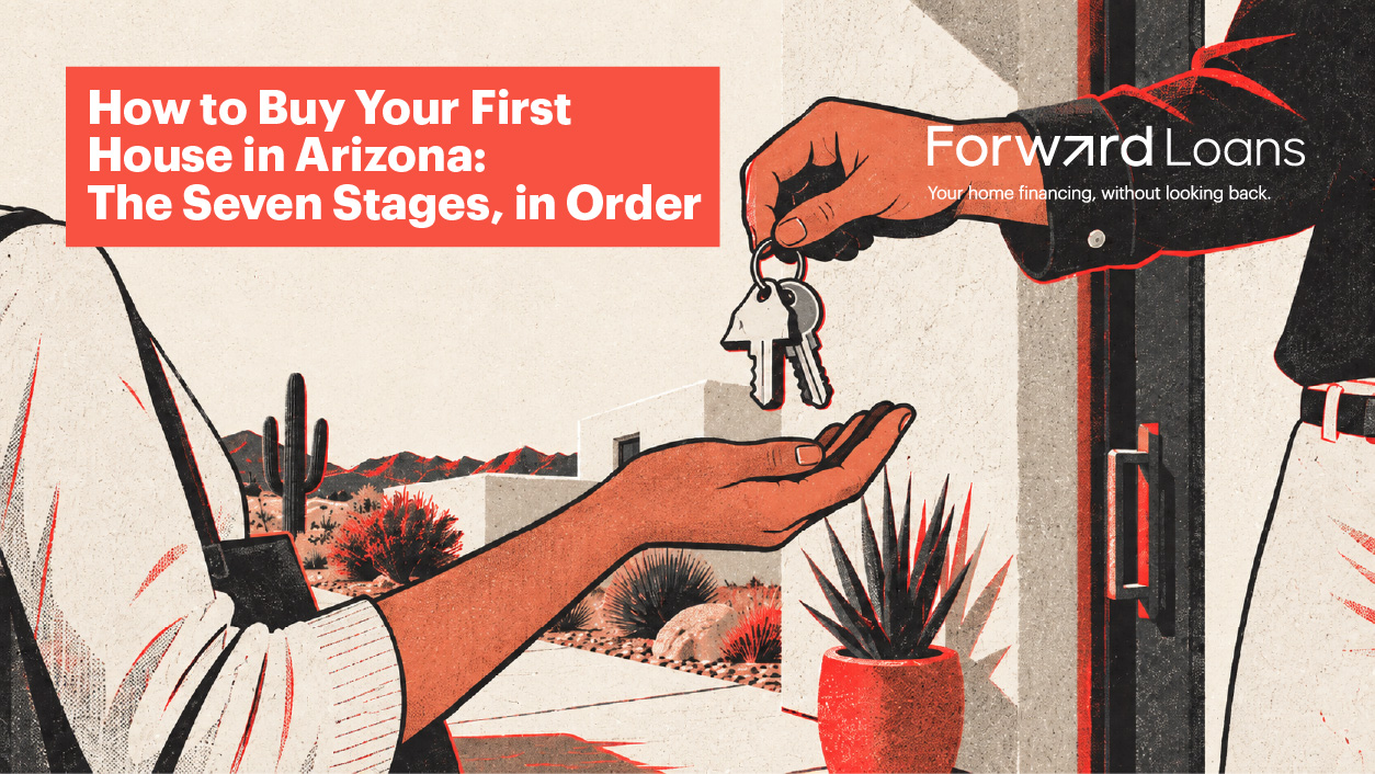Illustration of house keys handed over at the door of a desert home, for first-time homebuyers in Arizona