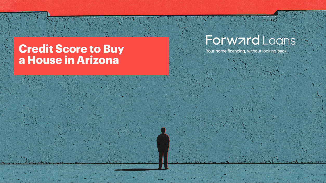 Illustration of a small figure at the base of a tall teal wall, representing the credit score needed to buy a house in Arizona