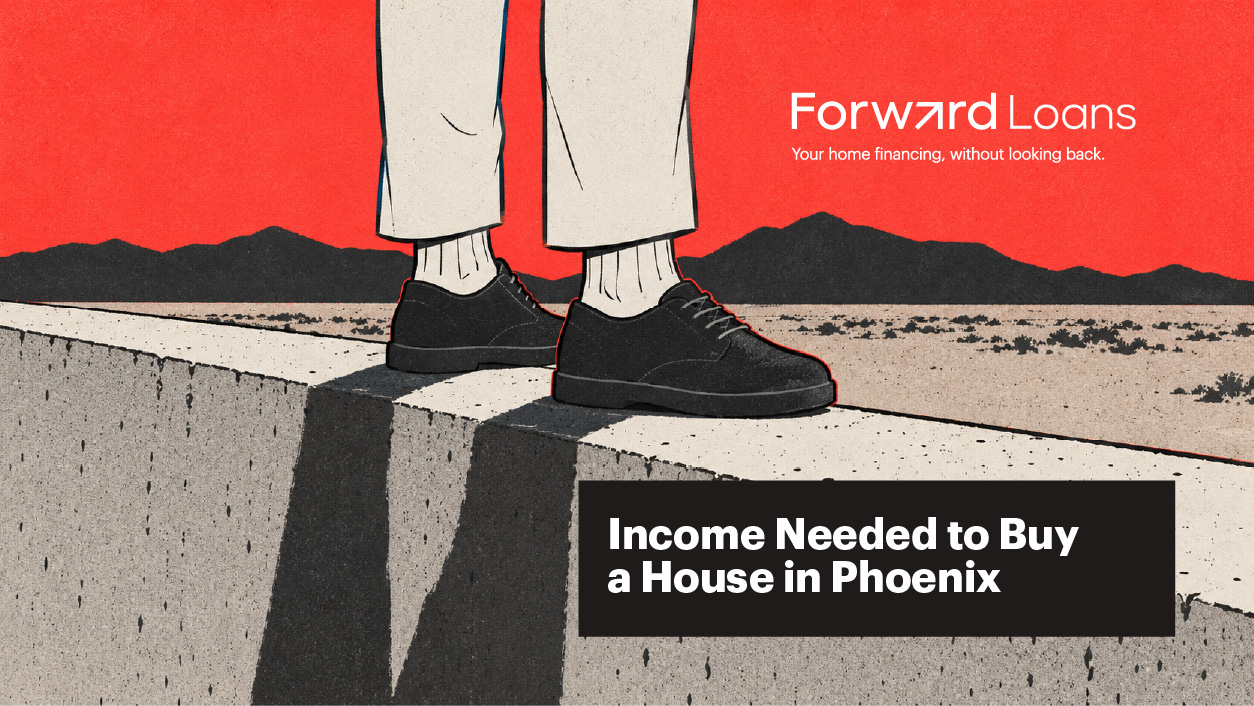 Illustration of feet balanced on a narrow ledge above the desert, representing the income needed to buy a house in Phoenix